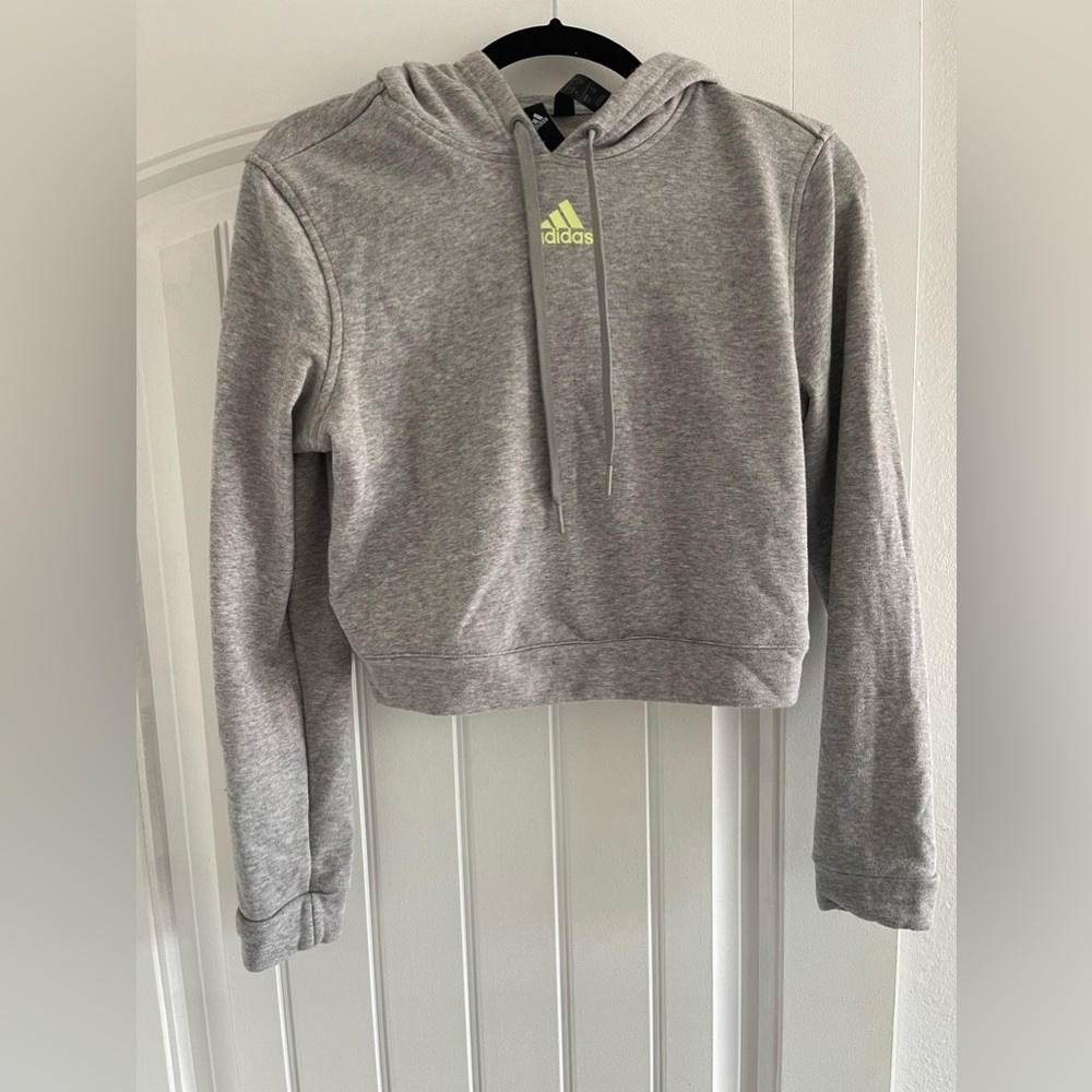 S Adidas Grey And Neon Cropped Hoodie